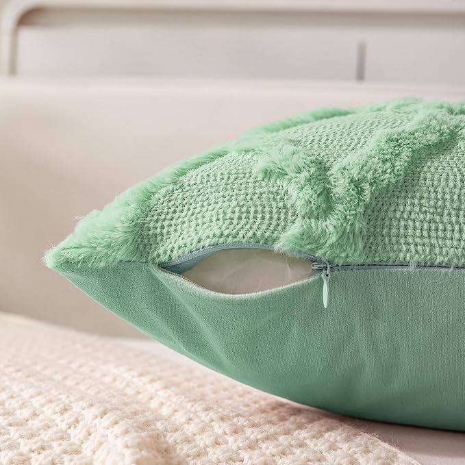 Set of 2 Soft Moroccan Throw Pillow Covers 20x20 Inch Plush Boho Decorative Pillow Cover Accent Cushion Case for Couch Sofa Bed, Sage Green