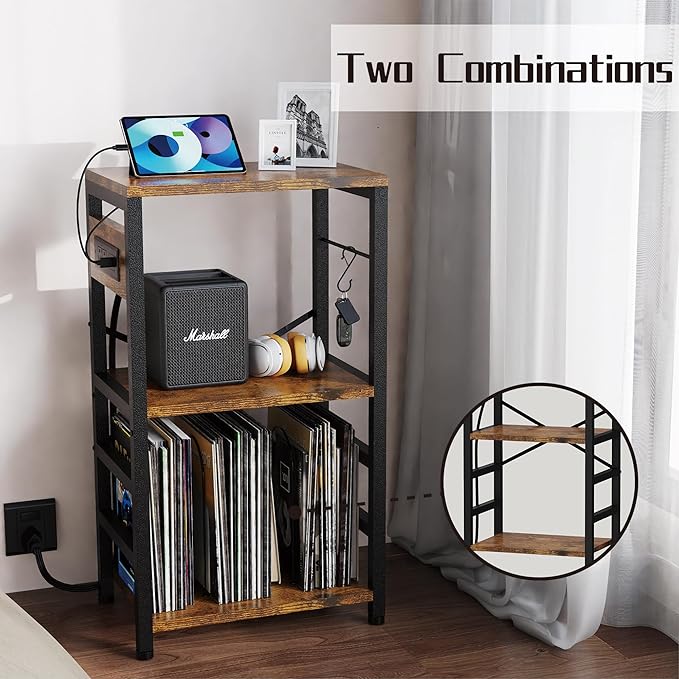 End Table with LED Light,Record Player Stand with Charging Station,Vinyl Records Storage,Turntable Stand Albums Storage for Music Room Studio-Modern Brown