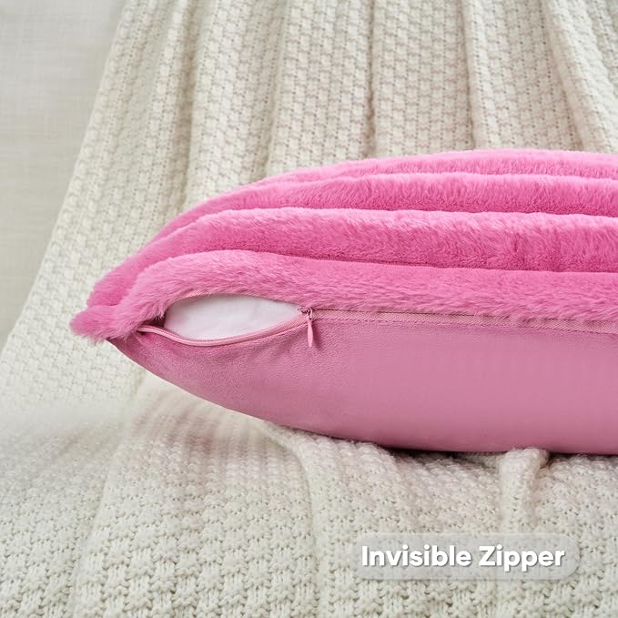 FUTEI Hot Pink Striped Decorative Throw Pillow Covers 20x20 Inch Set of 2,Square Fall Decorations Couch Pillow Case,Soft Cozy Faux Rabbit Fur & Velvet Back,Modern Home Decor for Bed