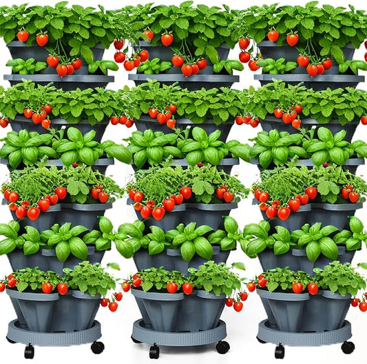 7 Tiered Strawberry Planters 3 Pack, Vertical Stackable Planter, Herb Stacking Tower Garden, Flower and Vegetable Planters with Support Pole Indoor and Outdoor with Removable Wheels Dark Grey