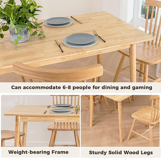 DELAVIN 59" Large Solid Wood Dining Table for 4-6 People, Mid Century Modern Oak Dining Room Table, Farmhouse Rectangular Kitchen Table for Dining Room, Living Room, Easy Assembly, Natural