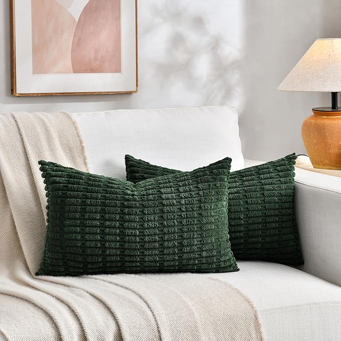Fancy Homi Set of 4 Green Lumbar Rectangle Decorative Throw Pillow Covers 12x20 Inch for Couch Bed Chair, Aesthetic Boho Room Decor, Soft Fuzzy Thick Corduroy Textured Cushion Case 30x50cm