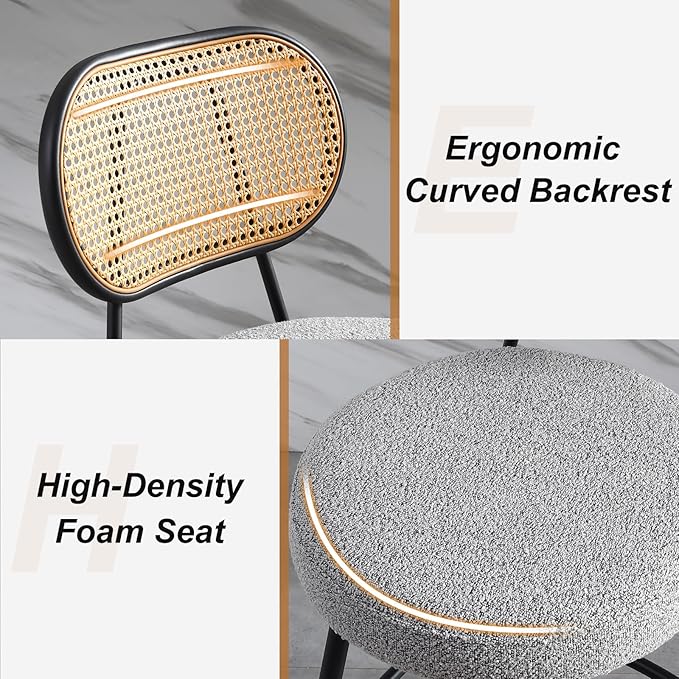 26" Rattan Barstools Set of 2, Counter Height Bar Chair with Black Metal Legs, Modern Armless Sherpa Pub Chair, Adjustable Feetpads Stools for Home Counter, Kitchen Dining Island, Cafe(Grey)