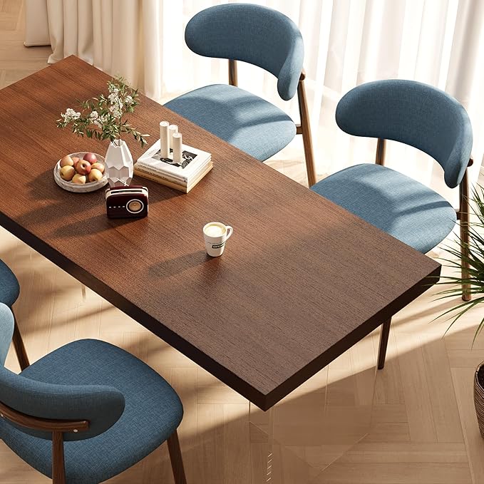 Kitchen Dining Chairs Set of 6 Modern Soft Linen Farmhouse Dining Room Chair with Metal Legs, Blue/Walnut