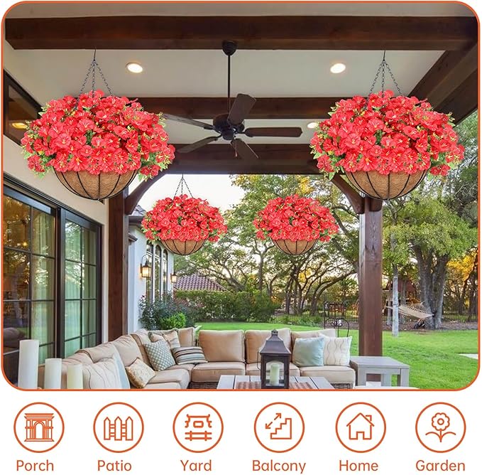 Artificial Hanging Flowers Basket, Fake Plants, for Spring Summer Outdoor Decoration, Faux Silk Petunias Eucalyptus,UV Resistant, Coconut Planter wtih Morning Glories, for Porch Garden Decor (Red)