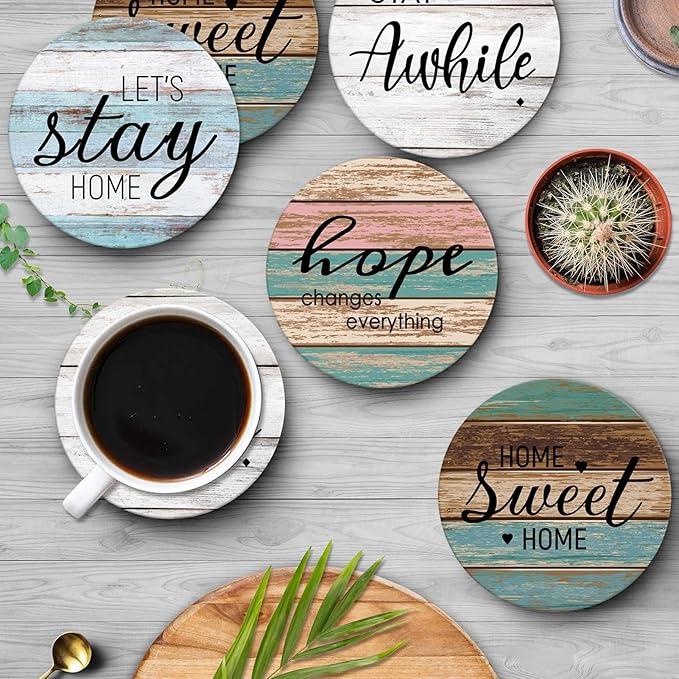 Britimes Coaster for Drinks Set of 6, Wooden Planks Wood Paint Table Absorbent Round Ceramic Stone Mat, with Cork Base and Metal Holder, Gift for Housewarming Room Bar Decor