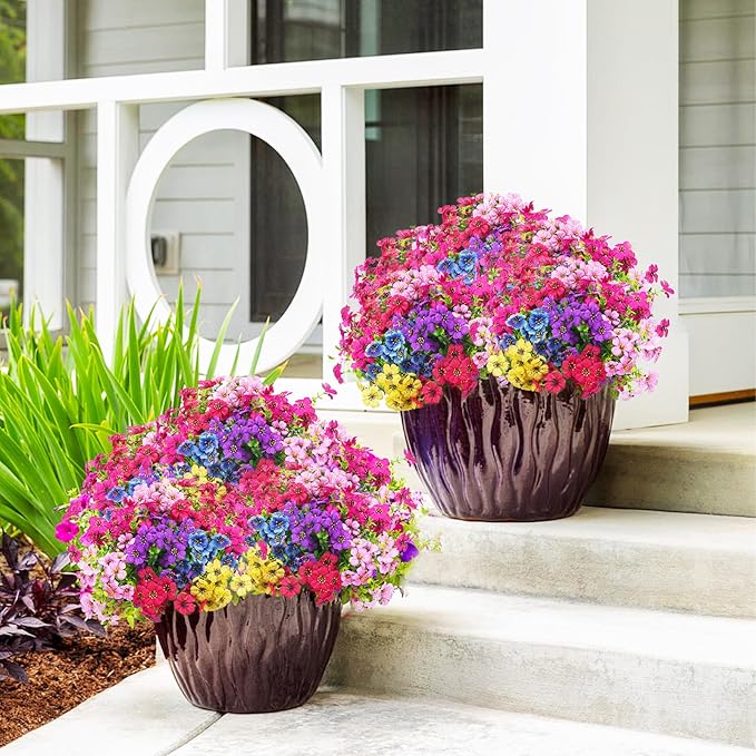 24 Bundles Artificial Flowers for Outdoors & Indoors – UV Resistant Faux Plastic Plants for Garden, Patio, Porch, Window Box, Home Decor – Lush & Vibrant Fake Flowers, Multicolor