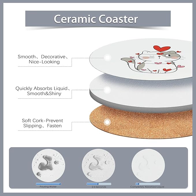 6 Pcs Coasters for Drinks with Holder,Sweet Cat in Love Cute Absorbent Coaster with Cork Backing,Great Gift for Housewarming,Room Decor,Bar,Holiday Party