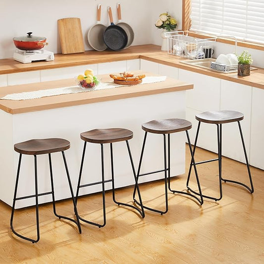HeuGah Bar Stools Set of 4, Saddle Seat Bar Stools, Rustic Backless Wood Counter Height Stools, Industrial Counter Stools with Metal Legs(Brown, 4 PCS 26Inch Counter Chair)