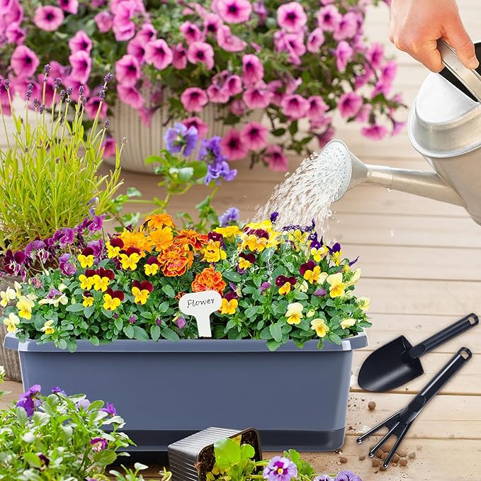 Window Box Planter 6 Pcs, 18 Inches Rectangle Flower Pots with Drainage Holes and Trays, Vegetable Planters for Windowsill Patio Garden Balcony Home Porch Yard Indoor Outdoor (Grey, 18*10*6 inch)