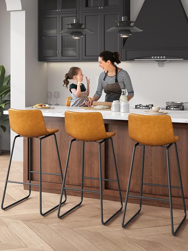 Bar Stools Set of 3, 30 Inches Counter Height Bar Stools with Back, Modern Faux Leather Barstools with Metal Legs and Footrest, Bar Chairs for Kitchens Island (Whiskey Brown)