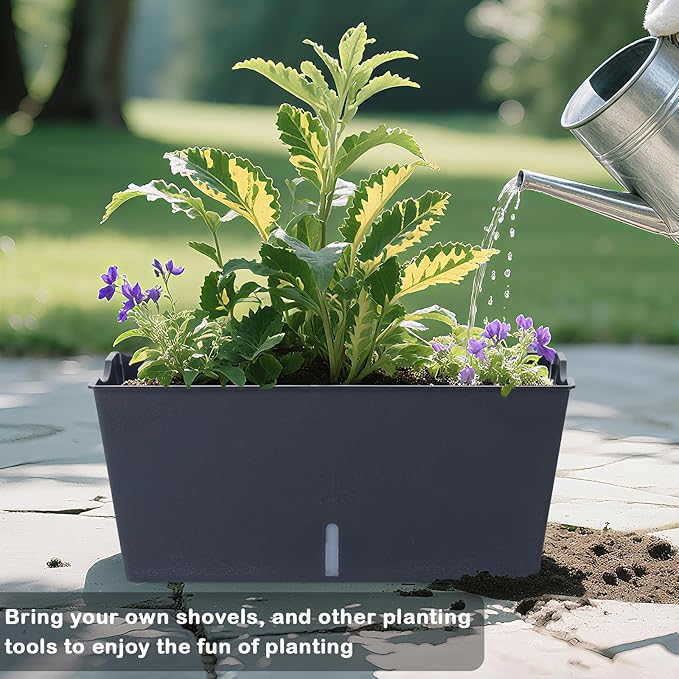 Window Box Planter 6 Pcs, 16.5 Inches Self Watering Rectangle Flower Plant Pots with Drainage Holes Trays, Vegetable Planters for Windowsill Patio Garden Balcony Porch Yard (Black)