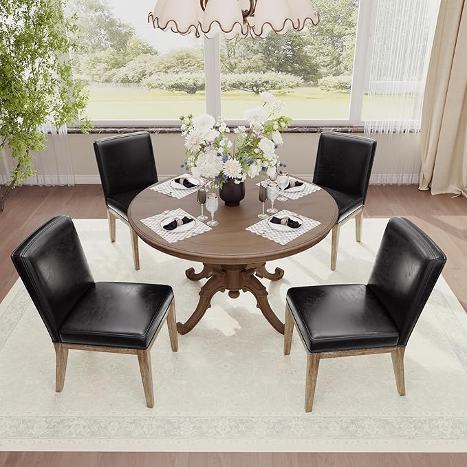 Wooden Dining Chairs Set of 4, Modern Leather Upholstered Dining Room Chair, Kitchen Side Chairs, Farmhouse Dinner Chair with High Back for Kitchen, Black