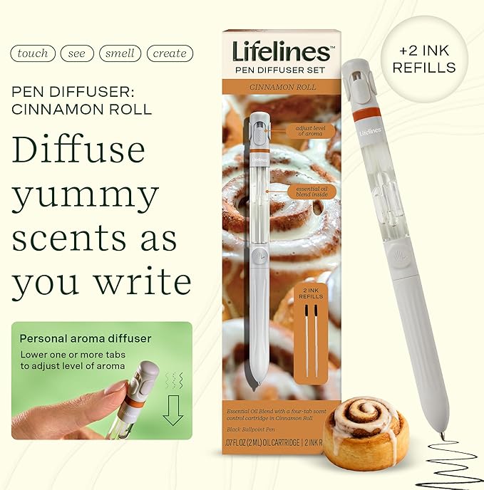 Lifelines Pen Diffuser Set, Cinnamon Roll - 1mm Black Ballpoint Pen with Scented Essential Oil Blend & 2 Ink Refills – Aromatherapy Diffuser & Sensory Immersion Diffuse Aroma As You Write