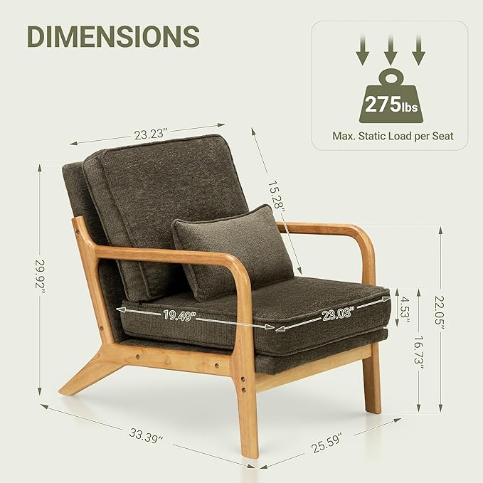 Modern Accent Chair with Lumbar Pillow, Relaxing Mid Century Chair Armchair with Solid Wood Frame & Soft Cushion, Reading Leisure Armchair for Living Room, Green