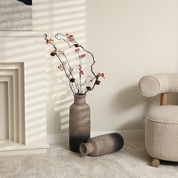 LuxenHome Rustic Ceramic Flower Vase,15'' Tall Brown Ombre Pottery Terracotta Narrow Floor Vases Home Decor,Farmhouse Vintage Vases for Living Room Decor,Modern Decorative Vase Home Décor Accents