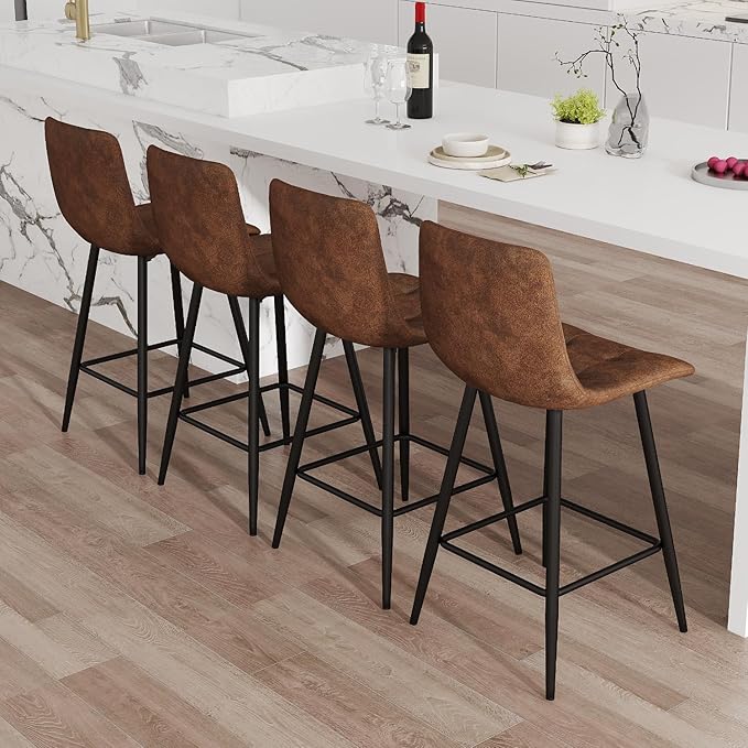 Brown Barstools Set of 4, 24.4" Counter Height Bar Stools with Back & Metal Footrest, Modern Island Chairs Set of 4 for Kitchens Island Home Bar