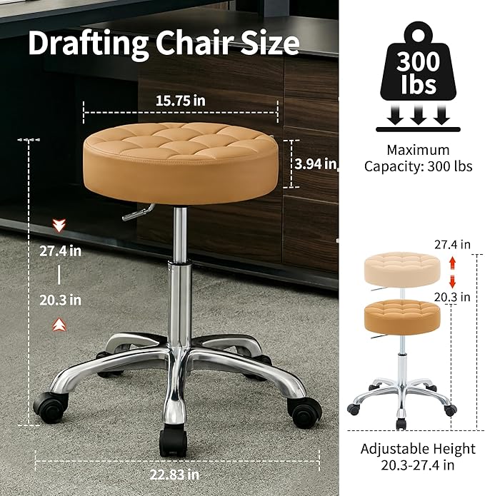 Drafting Stools with Wheels (Adjustable Height 20-27 inch) (300lbs Capacity) Round Vanity Stool (Camel Brown)