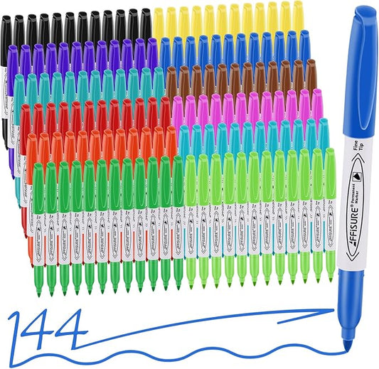 12 Colors Permanent Markers， 144 Pack colored marker sets, Assorted Colors Marker，Fine Point， Permanent Markers Bulk, Fast Dry, Waterproof, work on Plastic, Glass, Metal, Wood and Stone