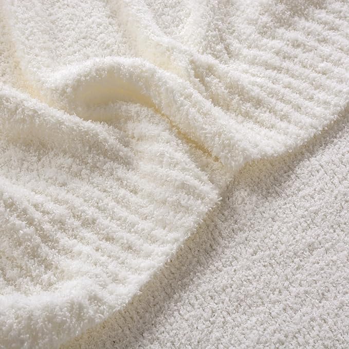JOOJA Cream White Fuzzy Knitted Blanket, Soft Lightweight Plush Queen Size for Bed, Cozy Nights (90x90)