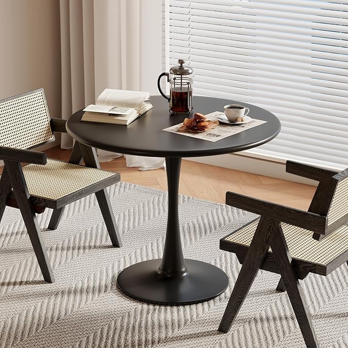Black Small Tulip Table, 24 Inch Round Dining Table for 2 Person with Pedestal Base for Kitchen, Circle Bistro Table, Mid Century Modern Cafe Tables for Small Spaces in Living Room, Office, Pub, Bar