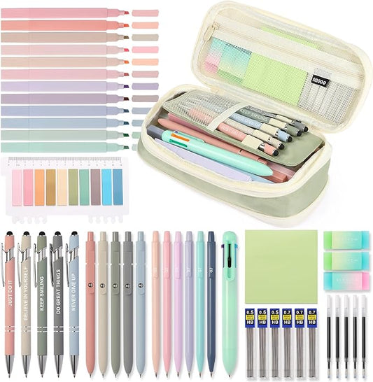 56 PCS Aesthetic School Supplies with Large Pencil Case, 5 Inspirational Ballpoint Pens, 12 Pastel Highlighters, 5 Black Ink Gel Pens, 6 Mechanical Pencils 0.5-0.7mm Student Essentials (Green)