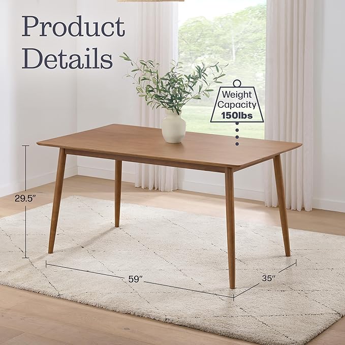 Alaterre Furniture Calais 59 Inch Mid Century Modern Dining Table for 4 - Rectangular Solid Wood Table with Minimalist Design - Mid Century Modern Furniture for Dining Room or Kitchen (Pecan Finish)