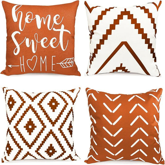 Decorative Throw Pillow Covers Set of 4 Orange Pillow Covers 20x20 inch Throw Pillow Cases Linen Square Pillow Case,Farmhouse Outdoor Modern Geometric Pillow Covers for Couch Sofa Living Room