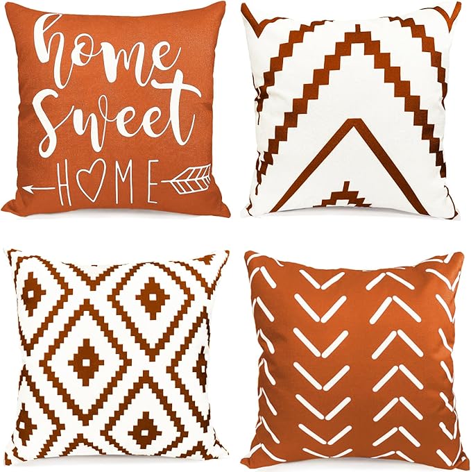 Decorative Throw Pillow Covers Set of 4 Orange Pillow Covers 18x18 inch Throw Pillow Cases Linen Square Pillow Case,Farmhouse Outdoor Modern Geometric Pillow Covers for Couch Sofa Living Room