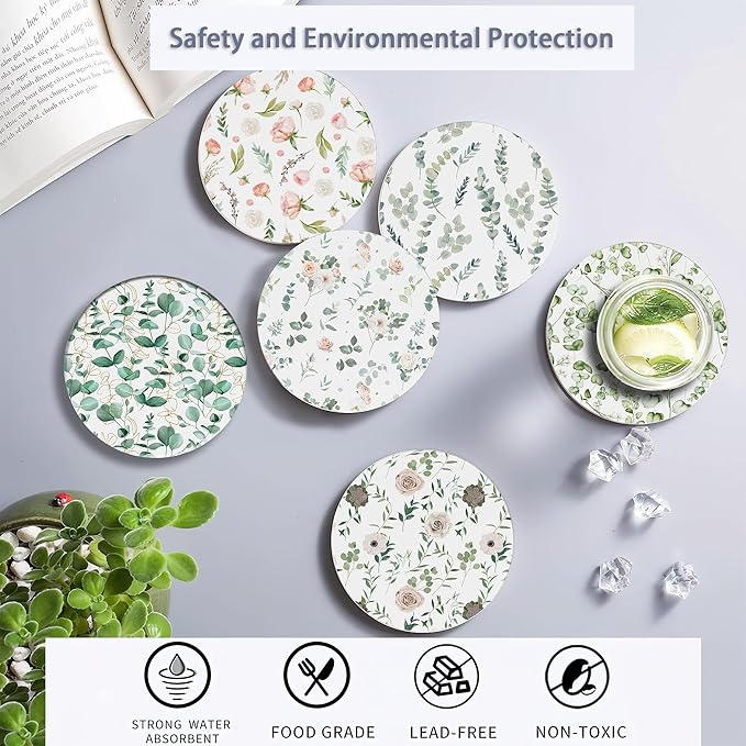Table Coaster for Drinks Set of 6, Eucalyptus Leaf Flower Watercolor Round Ceramic Coasters,with Cork Base and Metal Holder,Great Housewarming Birthday Gifts,Home Decor