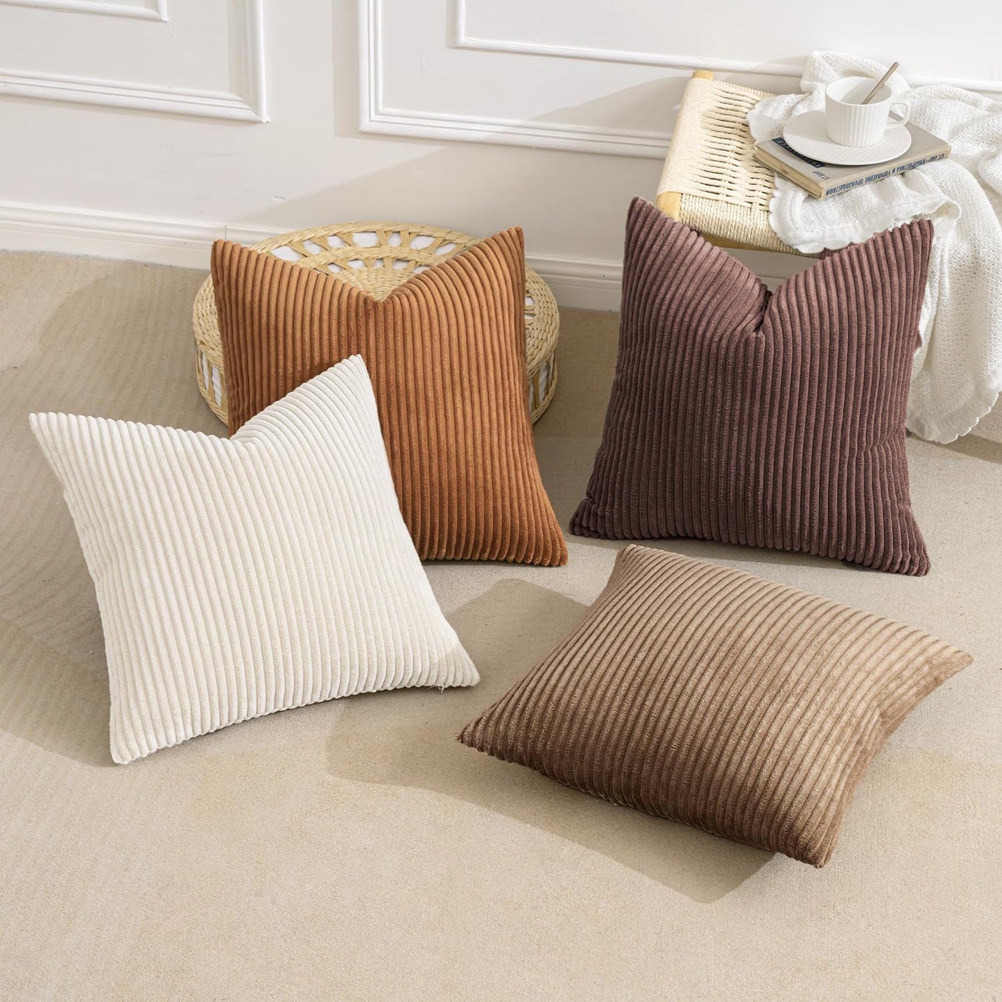 MIULEE Boho Farmhouse Fall Throw Pillow Covers 18x18 Inch Set of 4 Rustic Mordern Neutral Cushion Covers Soft Corduroy Nordic Home Decor for Couch Bed Sofa Living Room Brown