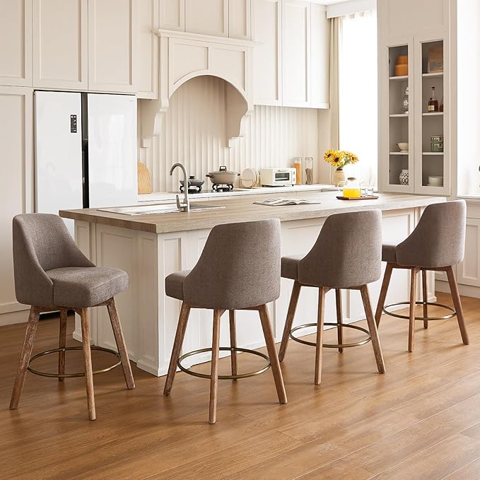 IWOOD Mid Century Modern Counter Height Bar Stools Set of 4,360° Swivel Barstools with Solid Wood Legs，26'' Island Chairs with Wrap-Around Backrest,Grey Linen Comfort Fabric
