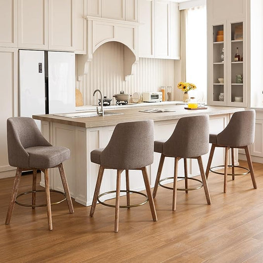 IWOOD Mid Century Modern Counter Height Bar Stools Set of 4,360° Swivel Barstools with Solid Wood Legs，26'' Island Chairs with Wrap-Around Backrest,Grey Linen Comfort Fabric