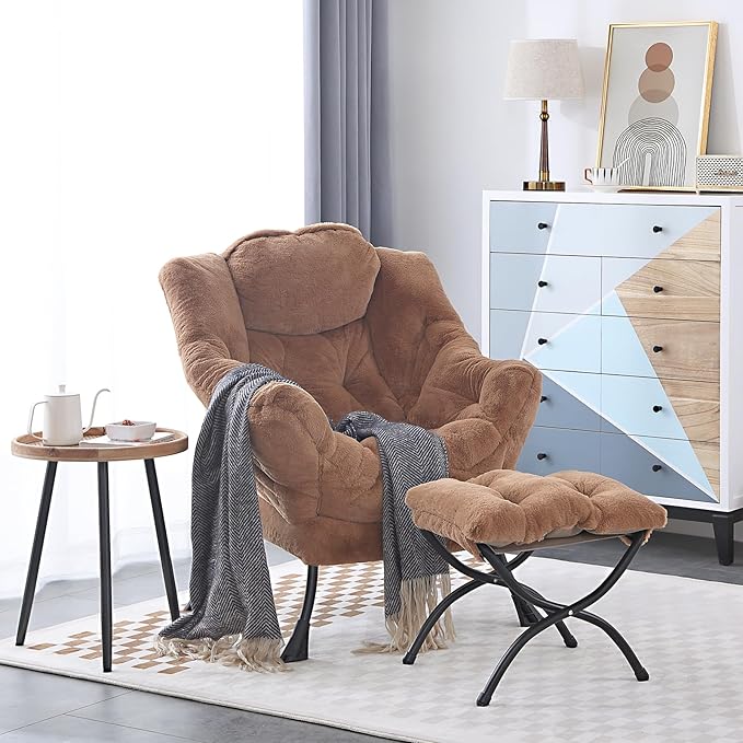 Cozy Lazy Chair and Ottoman, Large Contemporary Accent Lounge Chair Set, Leisure Upholstered Reading Armchair for Bedroom, Living Room, Dorm Rooms, Office