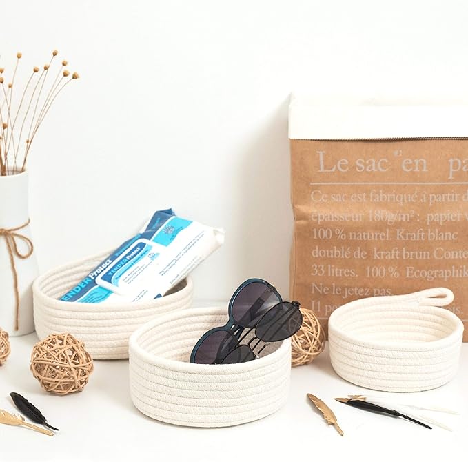 MINTWOOD Design Set of 3 Cotton Rope Nesting Bowls, Small Catch All Basket, Cute Closet Baskets and Bins for Shelves, Mini Table Basket Organizer for Small Accessories