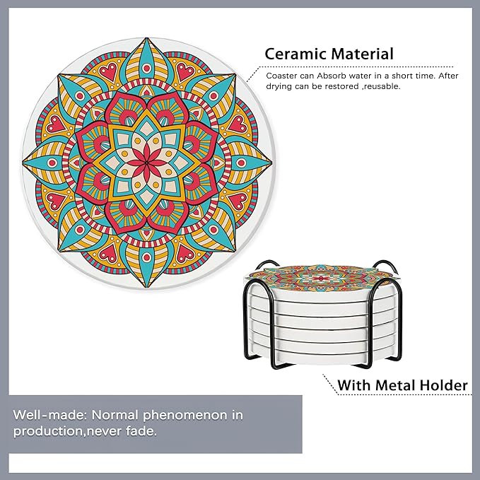 Drink Coasters Set of 6 with Holder,Mandala Boho Flower Absorbent Ceramic Coasters with Cork Base,Fit All Cups,Tabletop Protection Mat for Mugs and Cups,Office,Kitchen
