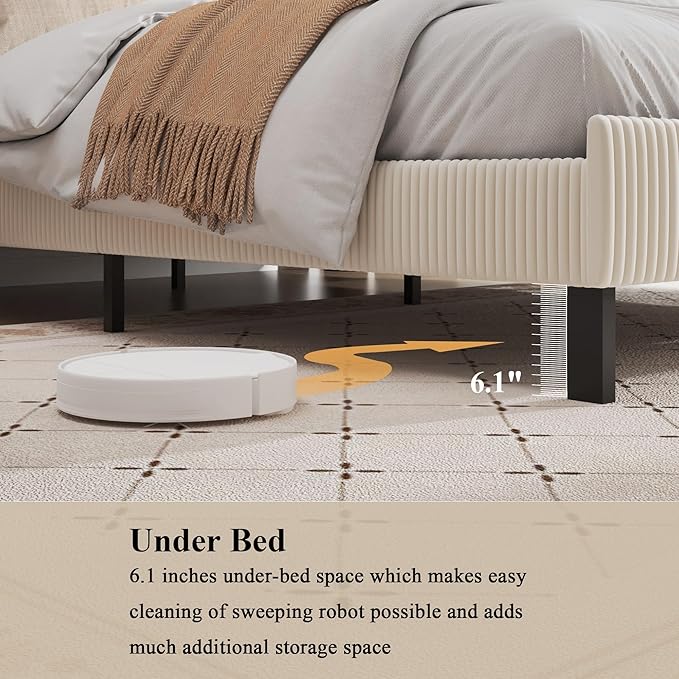 Upholstered Bed Frame Full Size Beige Velvet Wingback Headboard with Charging Station Vertical Channel Tufted Platform Bed Metal Slats Foundation No Box Spring Needed, Easy Assembly