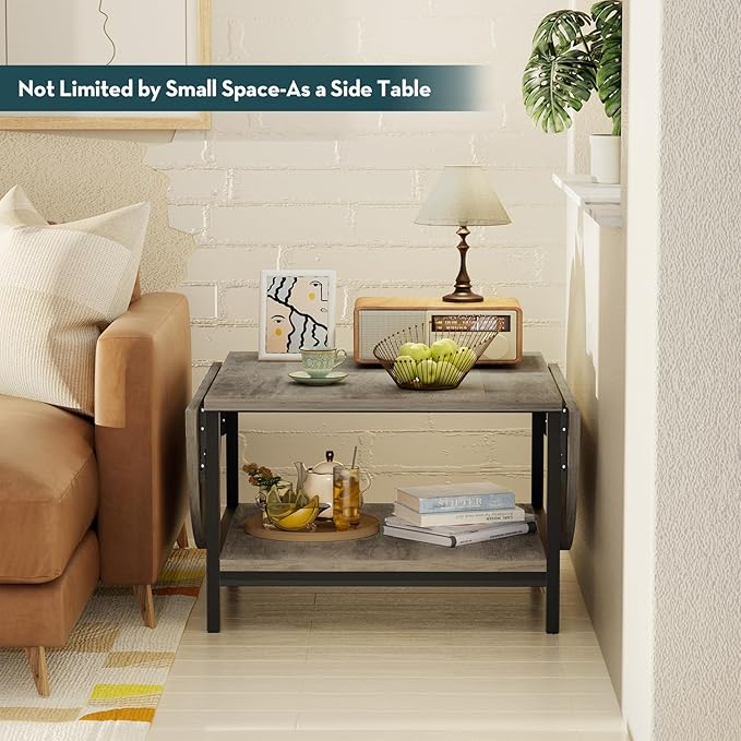 SAYGOER Folding Coffee Tables for Living Room 2-Tier Extended Coffee Table with Storage Vintage Farmhouse Center Table for Large or Small Spaces, Foldable, Gray Wash