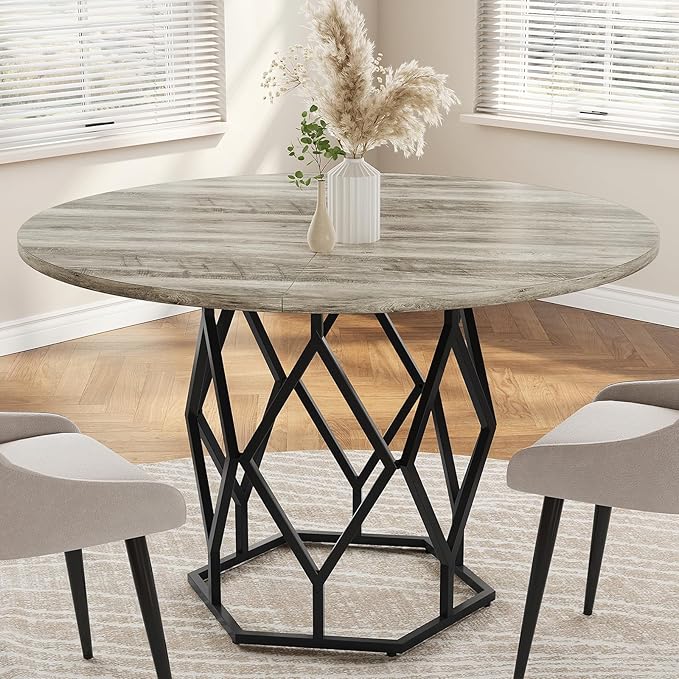 IDEALHOUSE 47 Inch Round Dining Table, Farmhouse Diner Table for 4-6 People, Kitchen & Dining Room Tables, Wood Circle Table for Kitchen, Dining Room, Living Room, Gray