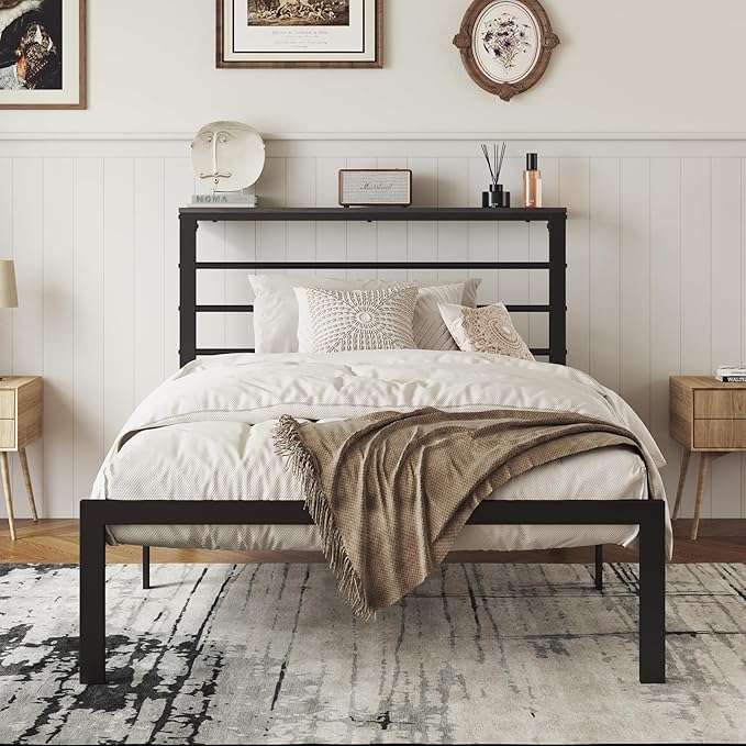 MUTICOR Twin Size Metal Platform Bed Frame with Shelf Headboard, No Box Spring Needed, Easy Assembly, Black Shelf