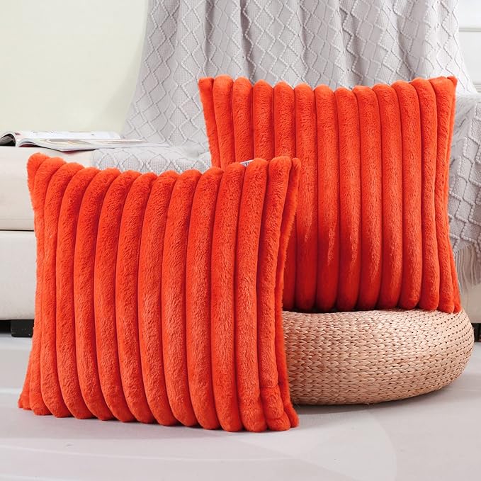 FUTEI Burnt Orange Striped Decorative Throw Pillow Covers 24x24 Inch Set of 2,Square Fall Decorations Couch Euro Pillow Case,Soft Cozy Faux Rabbit Fur & Velvet Back,Modern Home Decor for Bed