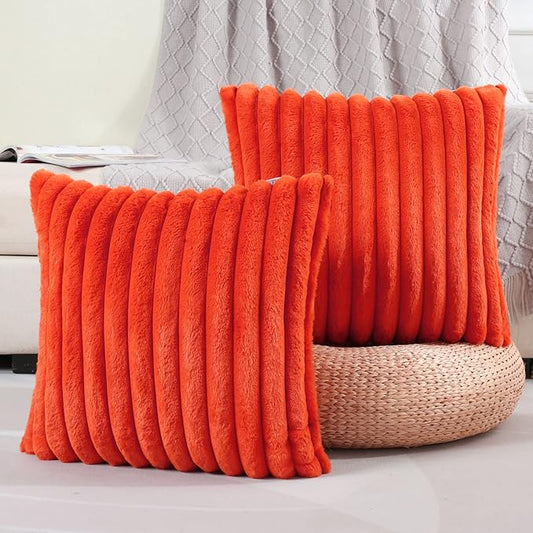 FUTEI Burnt Orange Striped Decorative Throw Pillow Covers 24x24 Inch Set of 2,Square Fall Decorations Couch Euro Pillow Case,Soft Cozy Faux Rabbit Fur & Velvet Back,Modern Home Decor for Bed