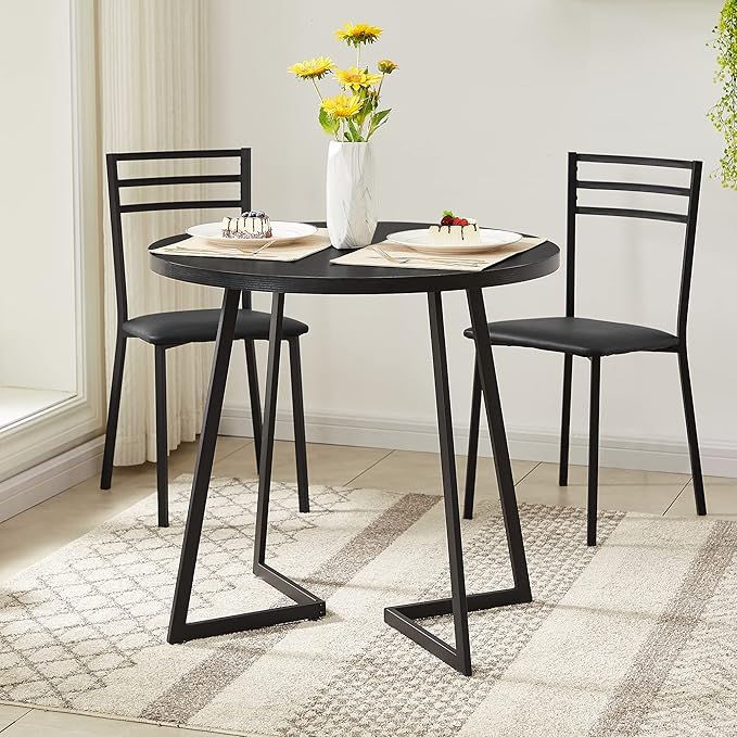 VECELO Round Dining Room Table with Wood Grain Tabletop and Steel Frame, for Kitchen, Living Room, Office, Conference, 2 to 4 Person, Black