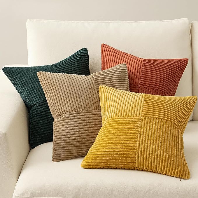 MIULEE Green Rust Throw Pillow Covers 18x18 Inch Set of 4 Boho Farmhouse Soft Corduroy Striped Cushion Cases Decorative Color-Clash Home Decor for Couch Sofa Living Room Bed