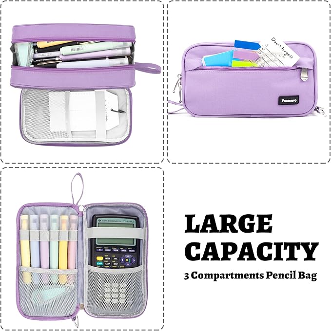 Pencil Case Big Capacity Pen Pouch Large Storage Holder Marker Pen Bag Durable 3 Compartment School Office Desk Organizer Portable Cute Zipper Stationery for Kids Teen Student Boys Girls Adults