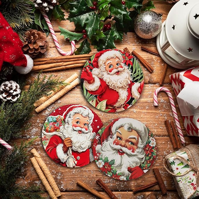 Christmas Absorbent Coasters with Holder Set of 6, Ceramic Stone with Cork Base, Cute Santa Claus Coaster for Drinks, Gift for Housewarming Room Bar Home Decor Kitchen