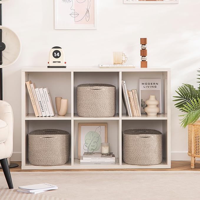 UBBCARE 3-Pack Woven Rope Shelf Baskets - 15x10x9in Decorative Storage Basket for Toys, Kids Playroom, Closet Organization & Cube Storage Organizer | Gift Basket Empty, Light Brown