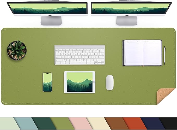 Leather Desk pad Protector, Large Desk mat with Natural Cork & PU Leather,Mouse pad,Non-Slip Office Desk Mat,Waterproof Desk Writing Pad for Office and Home (47in*23.7in, Olive Green)