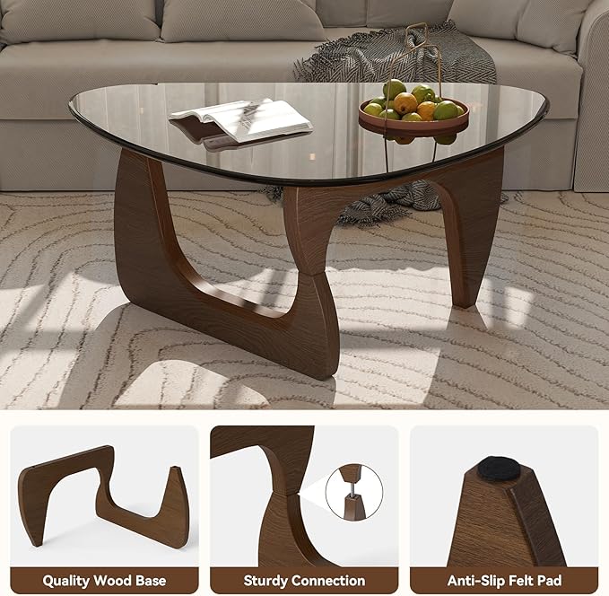 Modern Glass Coffee Table, Triangle Center Table with Tempered Glass Top& Unique Wooden Base, 42.5” Mid Century Tea Tables for Living Room, Apartment, Office,Walnut & Brown