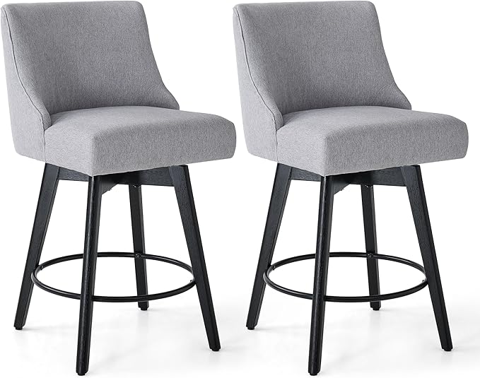 Vipbear Counter Height Bar Stools Set of 2, 26" H Swivel Bar Stools with Backs, Linen Fabric Upholstered Bar Chairs with Solid Wood Legs for Kitchen Island, Dining Room, Home Bar, Light Grey